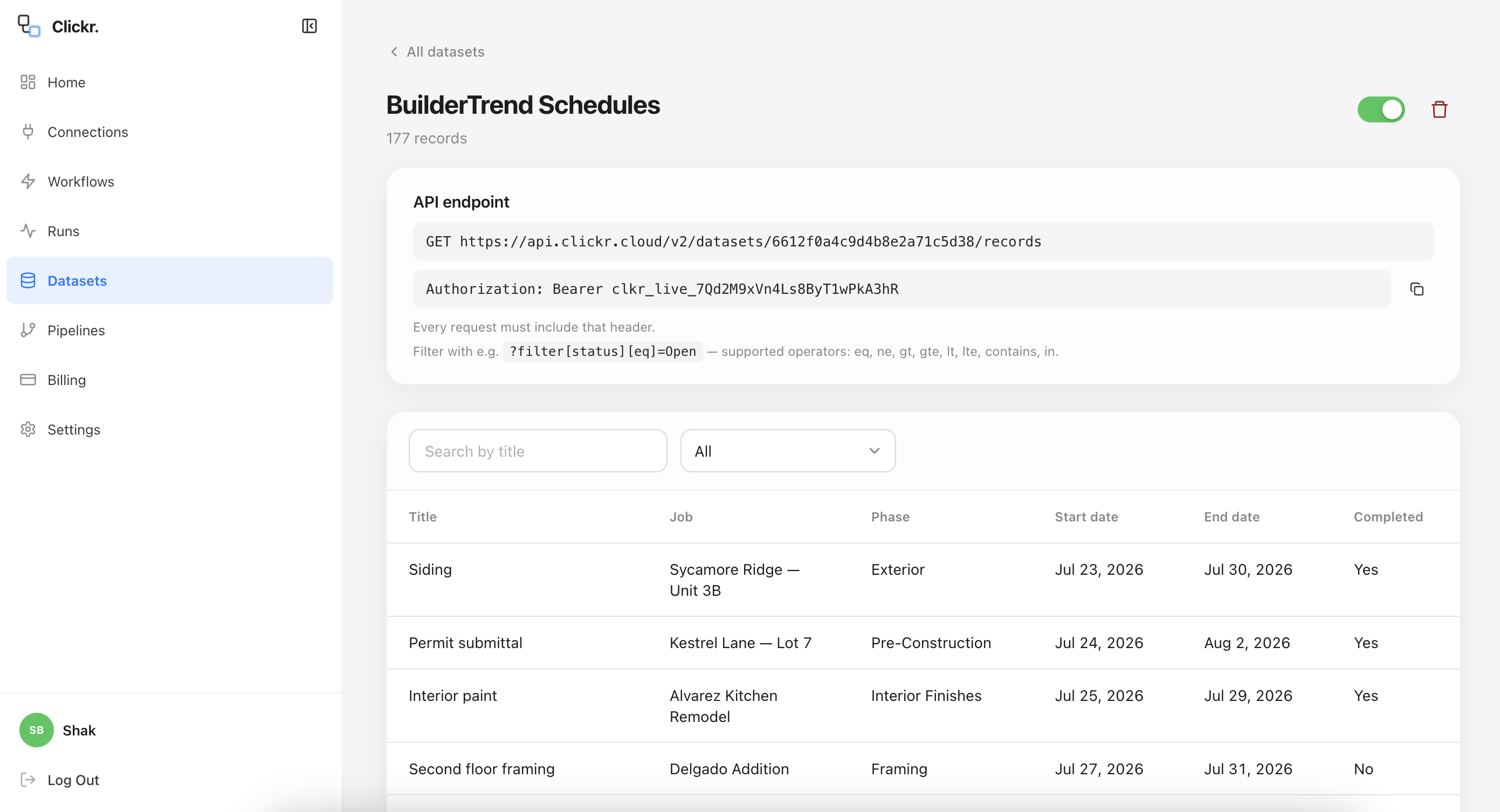 The Schedules dataset in Clickr, listing schedule items with their job, phase, start and end dates and completion state.